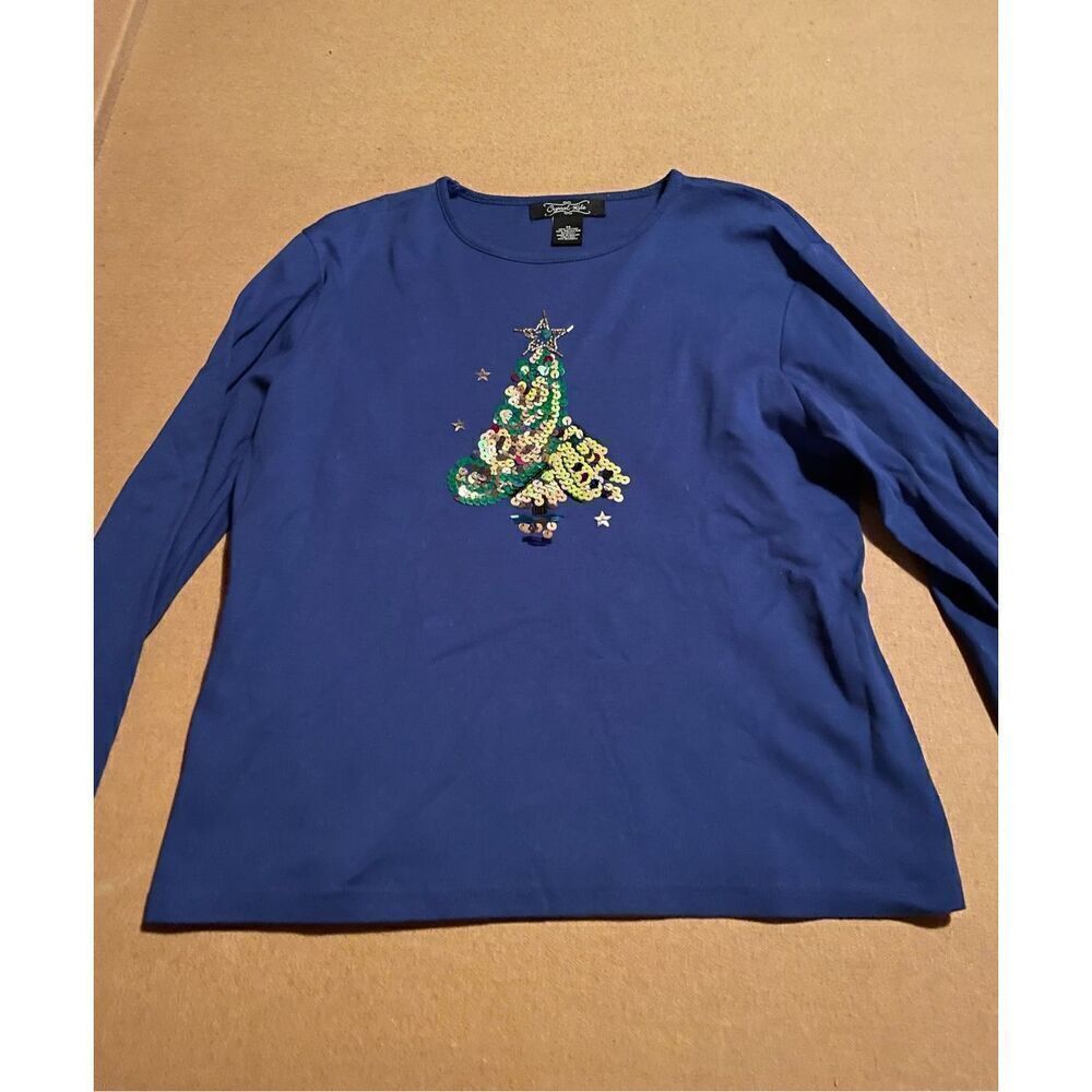 Crystal Kobe Women's Medium Blue Long Sleeve Shirt Christmas Tree